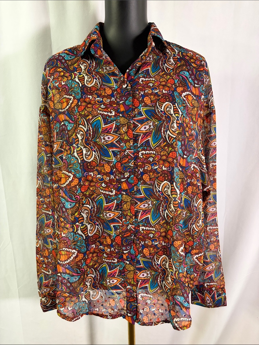 NWT Aura Multicolor Paisley Print Long Sleeve Semi-Sheer Button Down Shirt